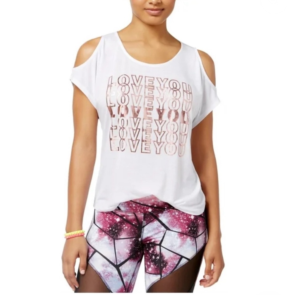 Material Girl Active Graphic I Love You White Cold Shoulder Top Size XL